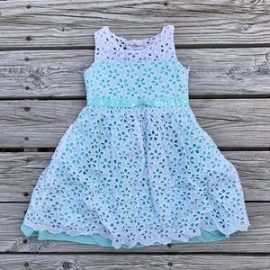 Girls RARE EDITIONS Eyelet Overlay Lacey Aqua White Dressy Dress Size 8